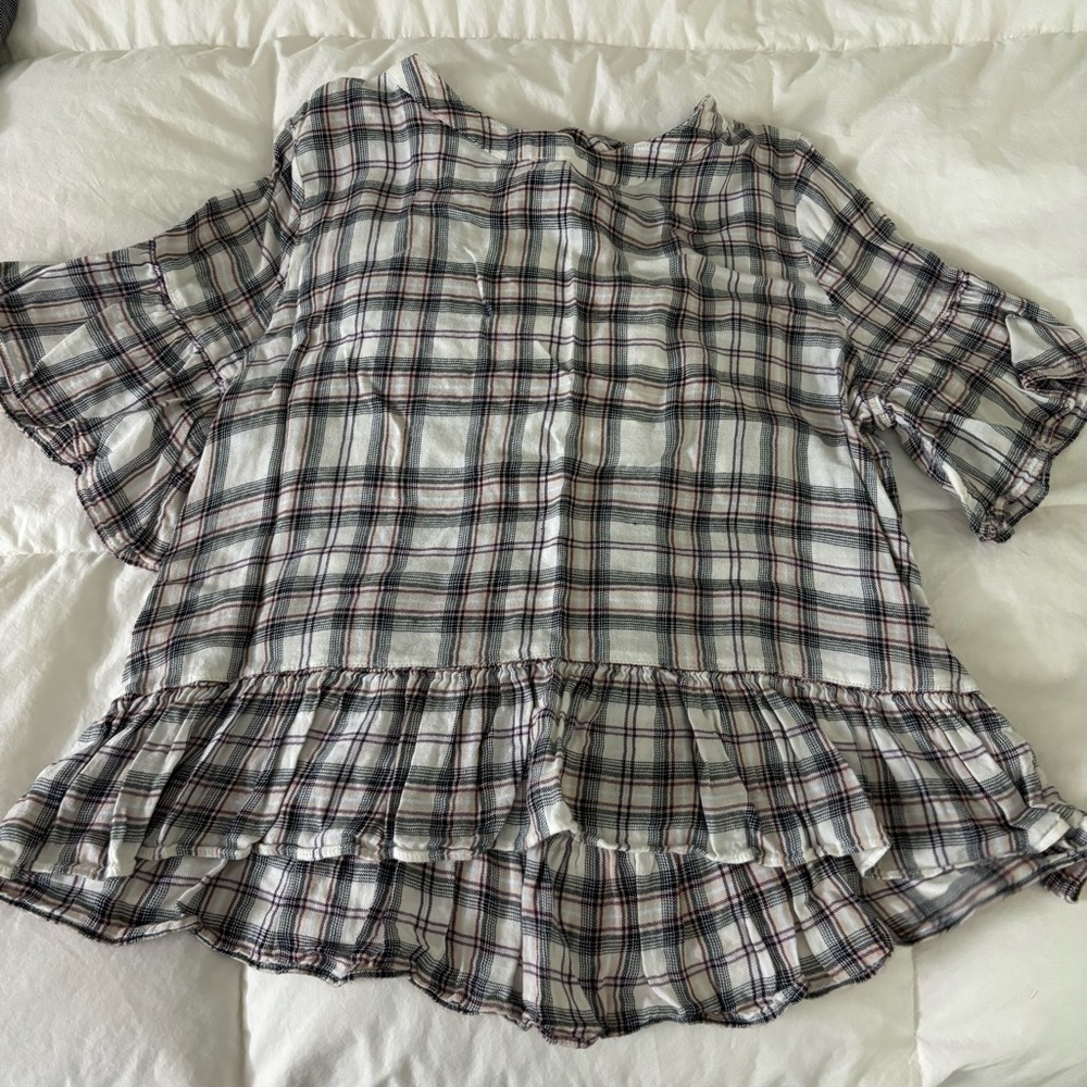 Melrose and Market Plaid Flutter Sleeve Open Back Blouse